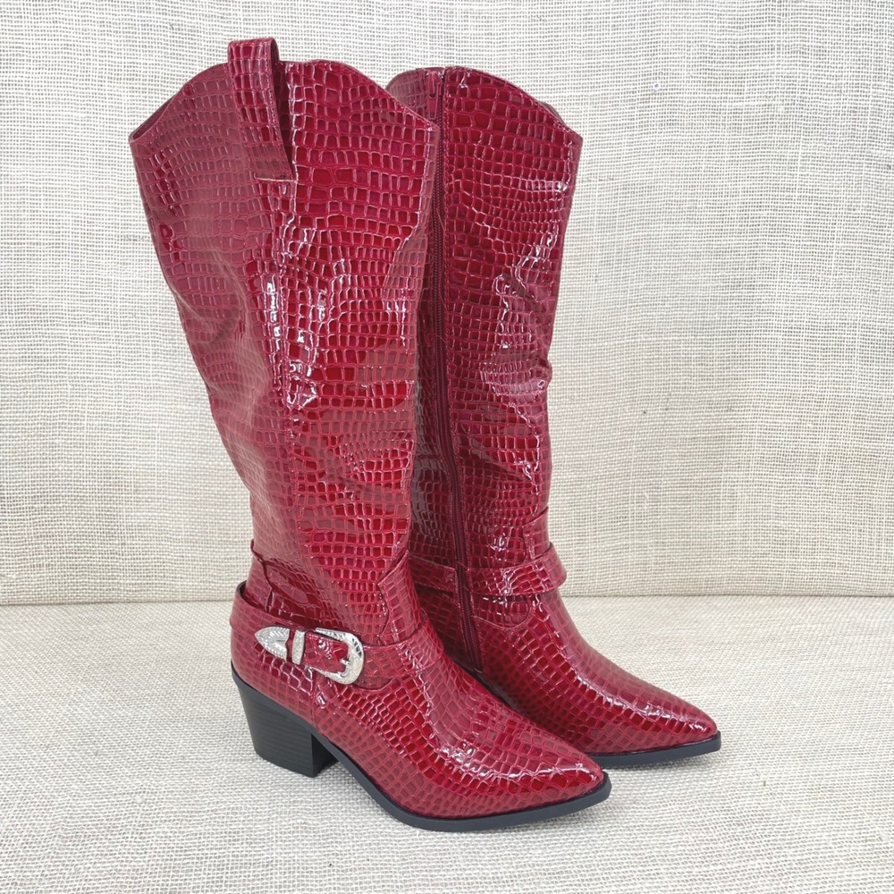 Mindful Red Croc Embossed Western Cowboy Boots Womens 8.5M New, Party Ready!